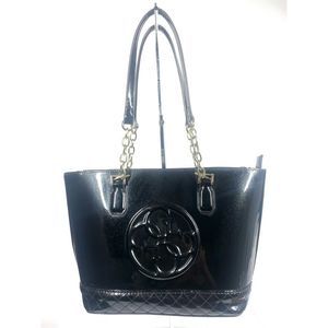 GUESS Medium Glitter Black Patent Shoulder Bag Tote Gold Hardware